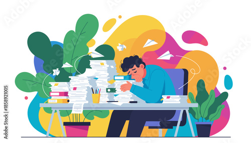 Overwhelmed worker asleep amidst huge piles of documents Stress and burnout concept