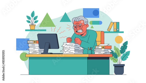 Angry senior worker overwhelmed by massive paperwork and office stress