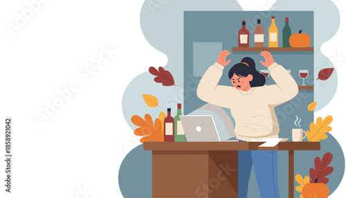 Stressed woman frustrated with laptop work surrounded by autumn decor and drinks Overwhelmed concept