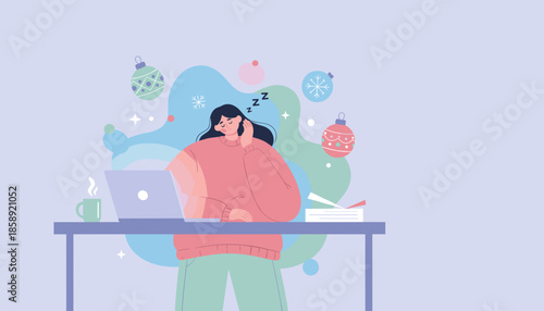 Tired woman works on laptop during holiday season feeling sleepy or burned out