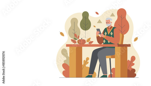 Elderly man uses smartphone at autumn table setting with pumpkin Technology for seniors