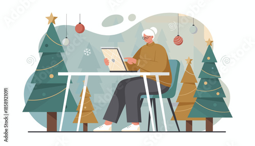 Elderly woman using laptop for online shopping or remote holiday work surrounded by festive Christmas trees