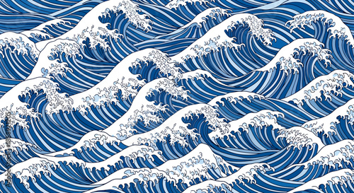 A beautiful seamless vector pattern depicting stylized blue ocean waves with white foam crests, perfect for a dynamic marine background or textile design.