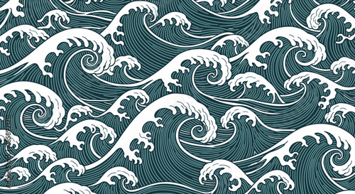 A captivating seamless vector pattern showcasing stylized white ocean waves cresting against a deep teal background, ideal for various graphic design projects.
