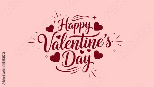 A festive graphic design wishing 'Happy Valentine's Day' in elegant script font with decorative hearts and starbursts on a soft pink background.