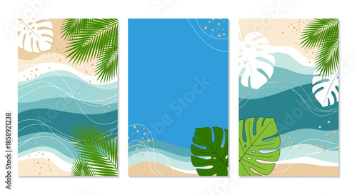 A set of three vector backgrounds showcasing tropical beach scenes with turquoise sea waves, sandy shores, and lush green foliage, perfect for summer promotions.