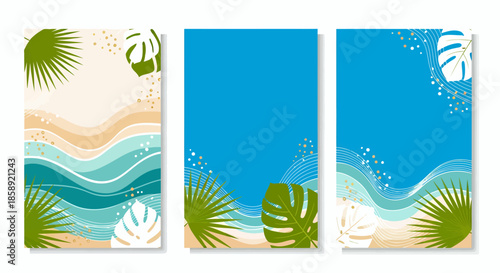 A vibrant vector illustration captures the essence of a tropical beach scene, featuring lush palm leaves, sandy shores, and the calming blue ocean, ideal for summer-themed designs and social media