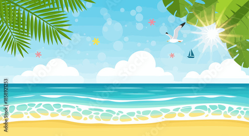 A vibrant vector illustration captures the serene beauty of a tropical beach scene with gentle waves, palm trees, and a bright, sunny sky, perfect for summer designs.