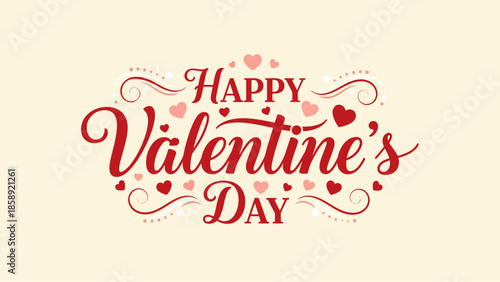 An elegant and festive graphic design featuring beautiful script calligraphy and ornamental hearts, perfect for celebrating love and affection on Valentine's Day with a warm, romantic greeting
