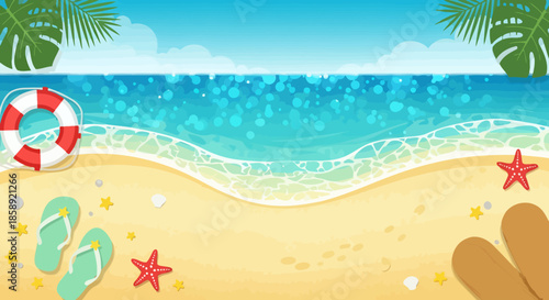 A vibrant top-down vector illustration captures a serene tropical beach scene with sparkling blue ocean waves, golden sand, and summer accessories, perfect for holiday promotions.