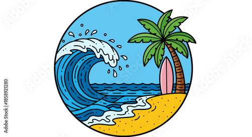 A vibrant vector illustration captures a sunny beach scene with a crashing ocean wave, a palm tree, and a surfboard, all set against a bright blue sky, perfect for summer themes.