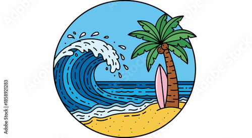 A vibrant vector illustration depicts a sunny beach scene with a crashing wave, a palm tree, and a surfboard, evoking a sense of relaxation and tropical getaway.