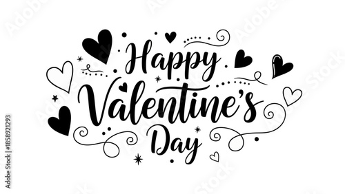 Decorative hand-lettered 'Happy Valentine's Day' text design adorned with elegant hearts and festive flourishes, ideal for romantic greetings and celebration