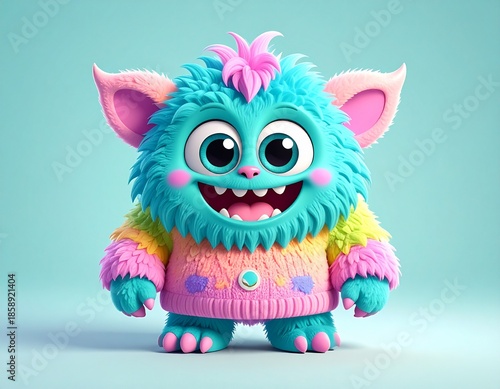 Cyan Blue Furry Monster Character Wearing Pink Sweater