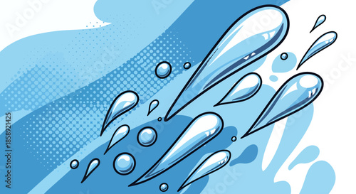 A dynamic vector illustration captures stylized blue water splashes and drops against an abstract background, evoking freshness and flow.