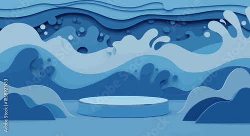 A captivating vector illustration showcasing a 3D paper-cut style sea environment with a podium, perfect for product display and artistic presentations, featuring waves and a serene blue background.