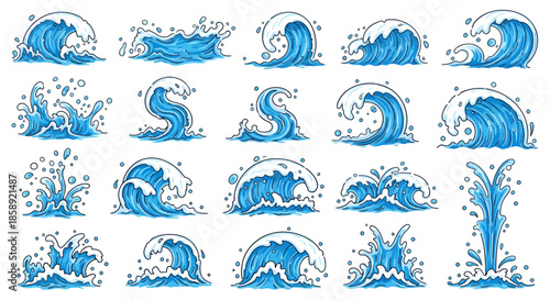 A dynamic vector background showcasing a diverse collection of stylized sea waves, perfect for adding a vibrant and energetic feel to any design project.