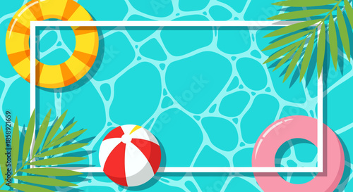 A vibrant summer-themed vector illustration showcasing a refreshing pool scene with inflatable rings, a beach ball, and palm leaves, perfect for seasonal designs and cheerful backgrounds.
