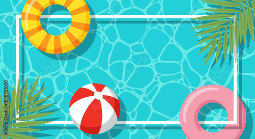 A vibrant vector illustration showcases a refreshing summer scene with a pool, featuring inflatable rings, a beach ball, and palm leaves, perfect for holiday and vacation designs.