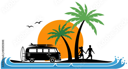 A charming vector illustration of a classic camper van, surfboards, and a couple on a tropical island, enjoying the sunset over the sea.