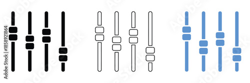 Adjustments Icon Flat Illustration Vector with Thin Stroke, Featuring Equalizer Icons in Black, Outline, and Blue, Isolated