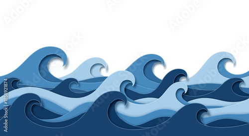 A serene vector illustration showcases stylized ocean waves in varying shades of blue, creating a calming and visually appealing background suitable for diverse design applications.