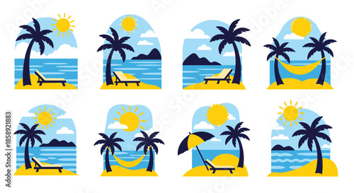 Beautiful vector illustration of tropical beach scenes with palm trees, sun, and lounge chairs, creating a relaxing and inviting summer vacation atmosphere, perfect for backgrounds.