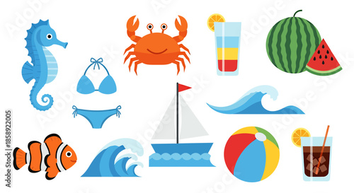 A vibrant collection of isolated summer and ocean-themed vector illustrations featuring marine animals, beach items, and refreshing drinks.