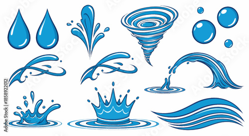 A versatile set of blue liquid water graphics, featuring drops, dynamic splashes, and flowing waves, isolated for various design applications.