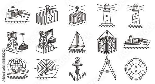A vector illustration showcasing various nautical elements, including ships, lighthouses, and anchors, set against a clean background, ideal for marine-themed designs.