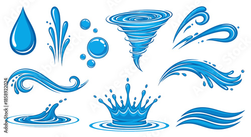 A collection of vibrant blue water elements including splashes, waves, droplets, and a swirling whirlpool, perfect for graphic design projects and backgrounds.