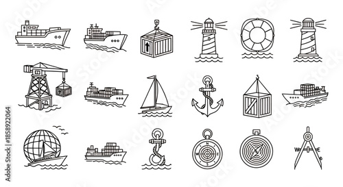 Seamless vector background featuring a variety of nautical elements, including ships, lighthouses, and navigational tools, creating a maritime-themed design suitable for various creative projects.