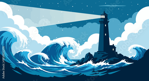 A vibrant vector illustration of a lighthouse beaming its light across a stormy sea, with crashing waves under a starry night sky, creating a dramatic and captivating scene.