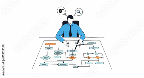 Business professional analyzing a complex workflow diagram for optimization.