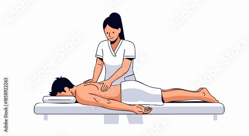 Therapist giving a relaxing back massage to a male patient on a massage table.
