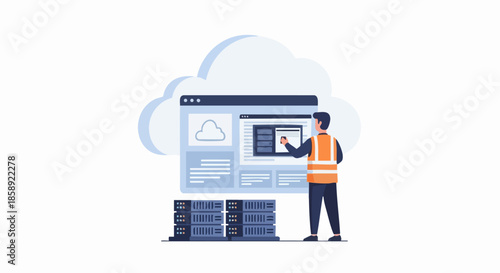 Man in safety vest working on server technology.