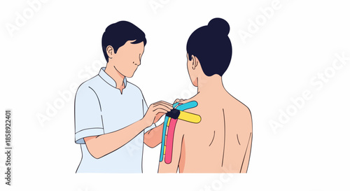 Physiotherapist applying kinesiology tape to a patients shoulder.