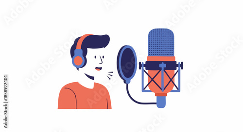 Man wearing headphones speaks into a microphone with pop filter.