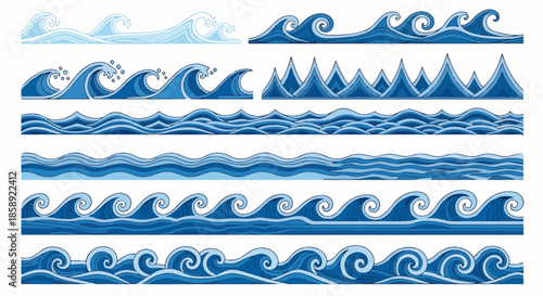 A collection of diverse blue ocean wave patterns and borders, ideal for decorative backgrounds, graphic design, and marine-themed projects.