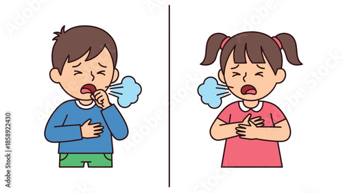 Two young children, a boy and a girl, coughing with visible breath clouds, indicating illness or respiratory discomfort.