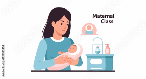 Young mother tenderly holding her newborn baby in a loving embrace.