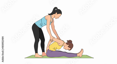 Yoga instructor assisting student with seated forward bend pose.