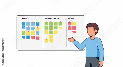 Man presenting Kanban board for agile project management.