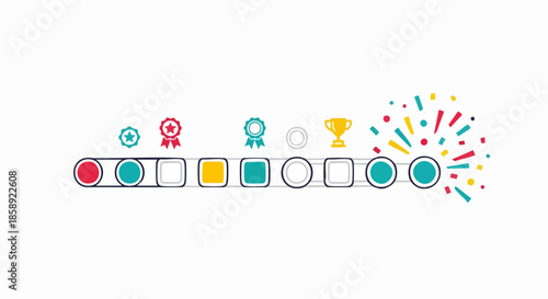 Colorful progress bar with awards and confetti celebrating achievement.