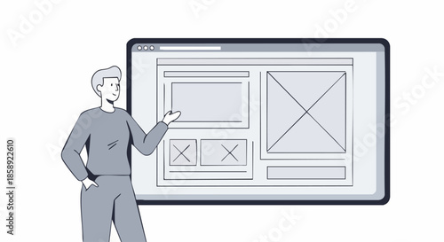 Man presenting website wireframe design on a digital tablet screen.