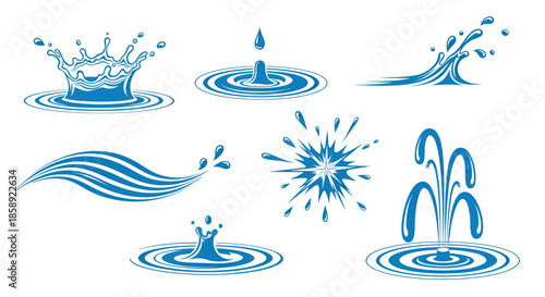 A versatile set of blue water splash, ripple, and fountain vector illustrations, depicting dynamic liquid motion isolated on a clean white background.