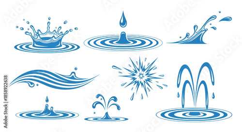 A versatile collection of blue vector water splashes, drops, ripples, and fountain elements isolated on a clean white background, ideal for design.