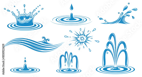 A collection of stylized water elements in blue, including splashes, ripples, waves, and fountains, perfect for design projects needing aquatic or refreshing visual components on a white background.