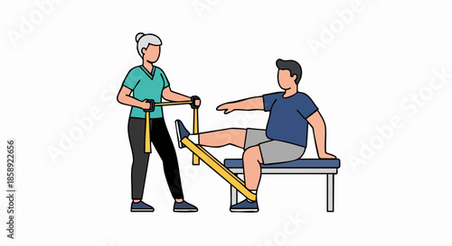 Physical therapist assisting patient with leg exercise using resistance band.