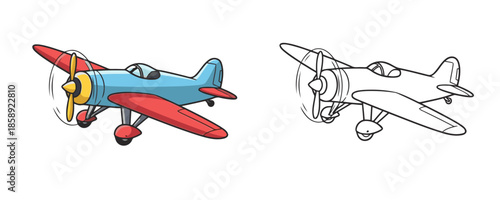Vintage propeller airplane in cartoon style with blue body and red wings alongside a black and white outline version used for travel or aviation themes on white background